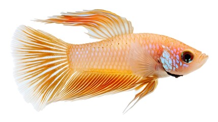 Fototapeta premium Photograph of a vibrant betta fish with orange and blue coloration and flowing fins.