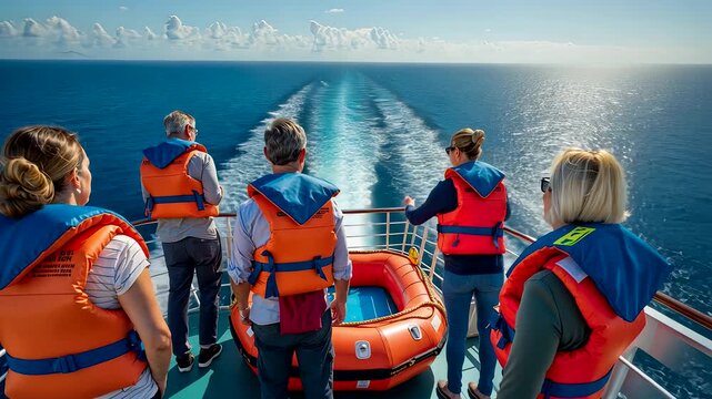 Group of Tourists Wearing Life Jackets Observing Ocean Horizon from Cruise Ship Deck