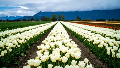 A field of white tulips stretching to a mountain range