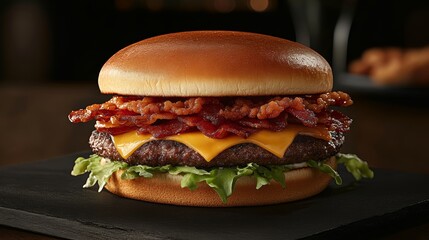 Ultimate Burger Indulgence Juicy Cheeseburger with Crispy Bacon, Fresh Lettuce, and Cheese Delight
