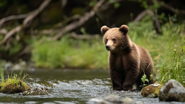Photograph of a brown bear standing in a shallow, rocky stream with lush green vegetation surrounding it. - Powered by Adobe