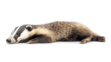 Photograph of a badger resting on a white background, exhibiting dark and light fur patterns.