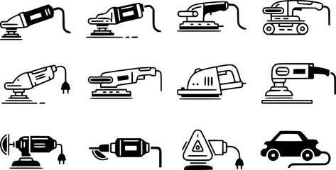 Electric sanding machine icons set. Different polishing machine icons .