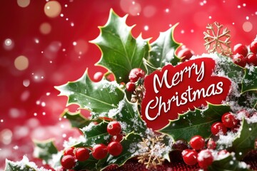 Festive christmas holly and snowflake border with merry christmas text on red background