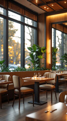 serene cafe interior featuring natural wood furniture lush tropical plants and daylight through large open window interior design wallpaper background