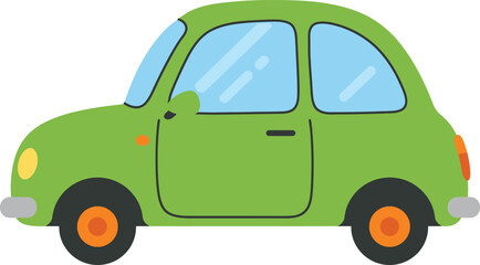 Charming green cartoon car with orange wheels and blue windows a whimsical vehicle for transportation and fun. isolated on transparent background