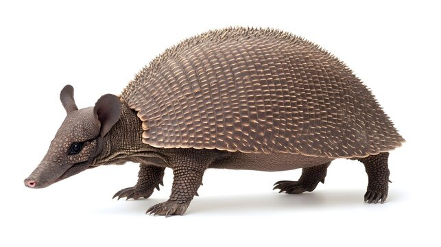 Photograph of a three-banded armadillo standing on a white background, showcasing its armored exterior.
