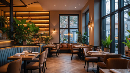 trendy urban cafe with natural wooden tables tropical decor and sunlight through bright large framed window interior design wallpaper background