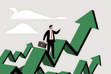 Fototapeta premium Businessman Standing on Rising Growth Chart Arrow Symbolizing Career Success, Leadership, and Business Development