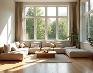 Fototapeta premium Spacious modern living room features large sectional sofa, wooden coffee table arranged on plush rug. Expansive windows offer abundant natural light, green outdoor views, creating serene, inviting