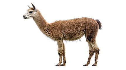 Photograph of a brown llama standing upright, with a visible tongue and fluffy wool.