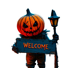 Evil scarecrow with pumpkin head holding sign with "WELCOME" in scary font on transparent background, Halloween concept, png
