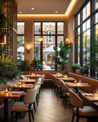 warm natural tones and tropical decor in interior of cafe with wood furniture and large sunny window interior design wallpaper background