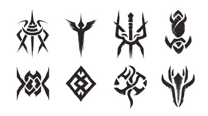 Fototapeta premium Digital illustration of stylized, geometric black tribal tattoos with sharp, angular designs.