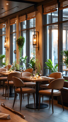 warm wooden elements in cafe restaurant interior design with tropical indoor plants and large daylight window interior design wallpaper background