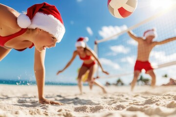 Festive beach volleyball: friends in santa hats enjoy fun and sun