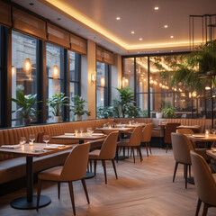 wooden cafe seating arrangement with tropical plant decoration and sunlight ambiance from spacious glass window interior design wallpaper background