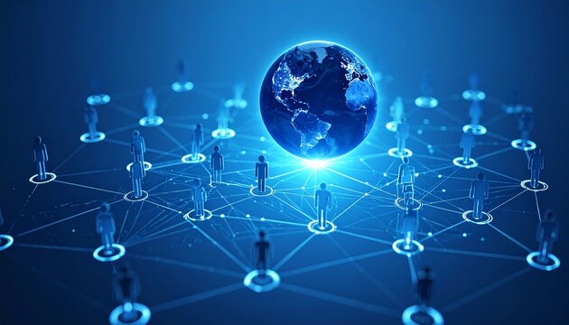 Glowing Earth with connected nodes and silhouettes—symbolizing global digital network.