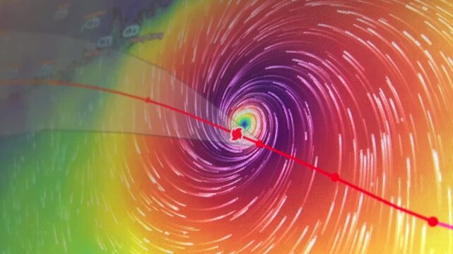 Close-up computer screen showing major typhoon with swirling winds and storm track highlighted in red