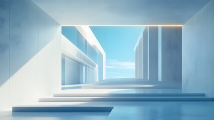 Obraz premium 3D render of a minimalist, light-filled architectural corridor with stepped levels.