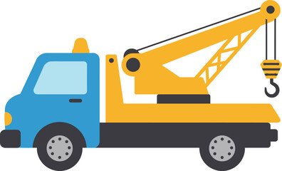 Naklejka premium Bright yellow tow truck with blue cab features an extendable crane for vehicle recovery and transport services isolated on transparent background