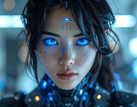 Close-up futuristic woman with glowing blue eyes and cybernetic enhancements