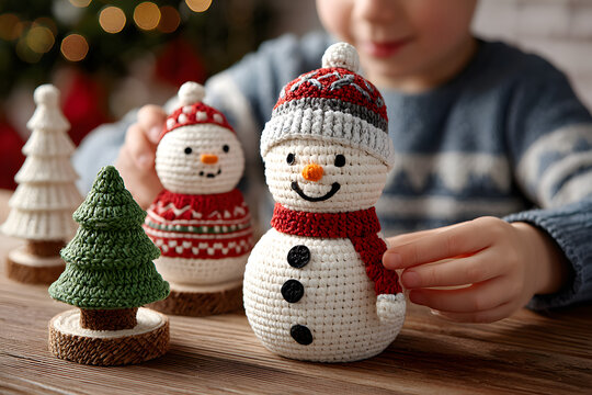The child glues the parts Christmas decoration or Christmas gift - Snowman, fir-tree and Santa. Handmade. Project of children's creativity, handicrafts, crafts for kids.