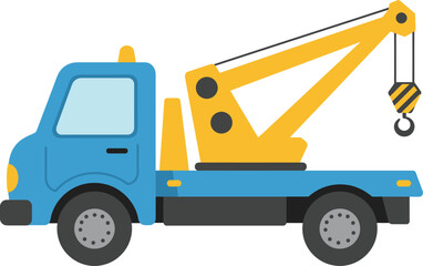 Bright blue tow truck with yellow crane ready for heavy duty vehicle recovery and transport services isolated on transparent background