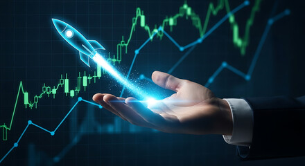 Businessman's hand launches rocket into upward trending stock market graph symbolizing growth and success