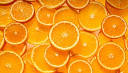 Overlapping orange slices with juicy texture on light background.
