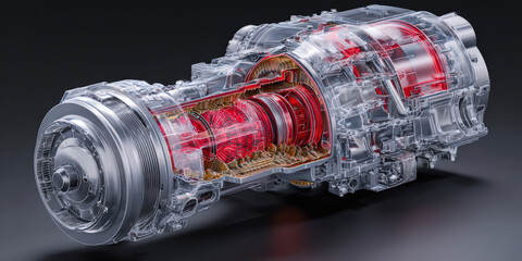 Transparent cutaway of high performance sports car turbo engine reveals intricate internal components, showcasing advanced engineering and design. image highlights complexity and precision