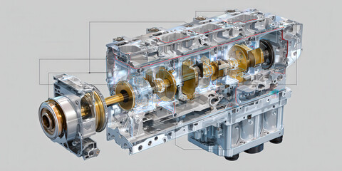 Cutaway diagram of truck engine block reveals internal components, including crankshaft and pistons, with focus mechanical engineering and automotive design. detailed illustration highlights