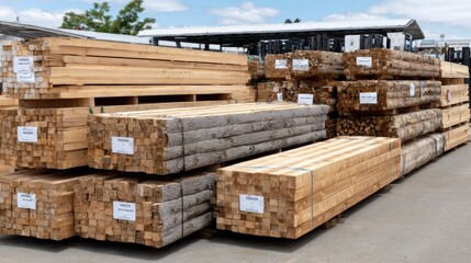 Pine beams stacked in a workshop with construction materials and wooden planks for carpentry tasks