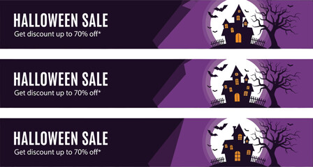 Spooky Halloween sale banners with haunted house and full moon