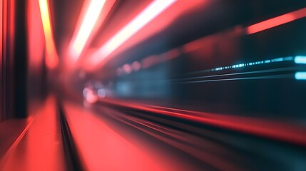 Digital illustration of a blurred, elongated tunnel filled with streaks of red and blue light.