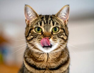 Close-up of tabby cat with outstretched tongue