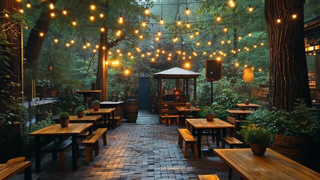 A cozy outdoor restaurant with wooden tables and string lights creates a charming and inviting atmosphere in a natural setting.