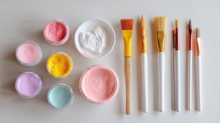 Collection of Artist Paints and Brushes on Light Background for Creative Projects and Artistry Inspiration