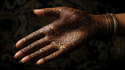 Detailed henna design adorns a hand, featuring intricate floral and geometric patterns against a dark background.