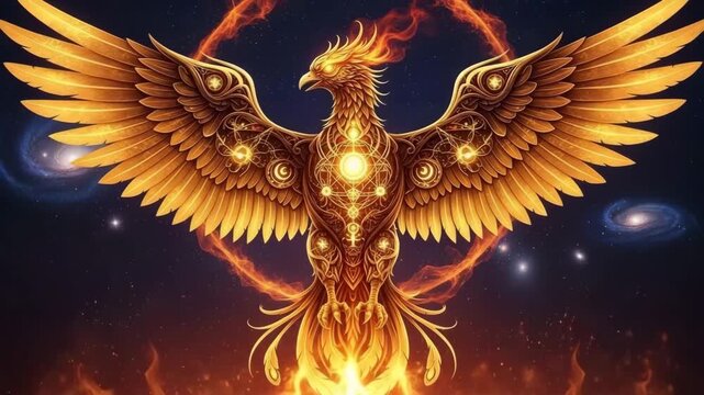 Golden phoenix in flames with wings spread wide, set against a galactic background, symbolizing rebirth, cosmic energy, and eternal transformation