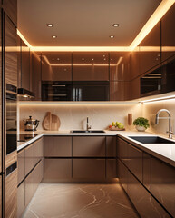 sleek luxury kitchen design with marble flooring minimalist style and ambient lighting in bright spacious interior room interior design wallpaper background