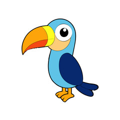 Fototapeta premium A charming cartoon toucan with a vibrant orange and red beak stands against a solid black background showcasing its blue body and large eyes