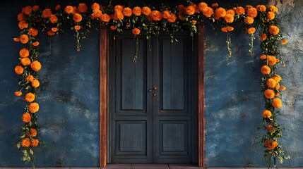 Photograph of a dark wooden door framed by vibrant orange flowers against a textured blue wall.