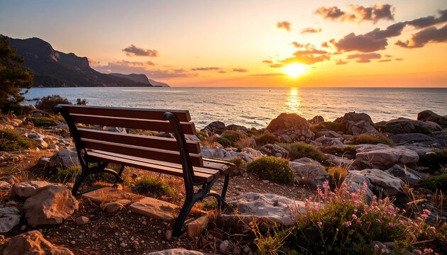 Coastal sunset scene with bench
