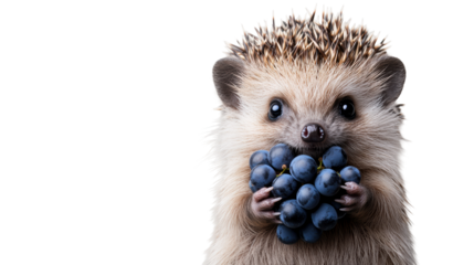 Hedgehog Holding Grapes on Transparent Background