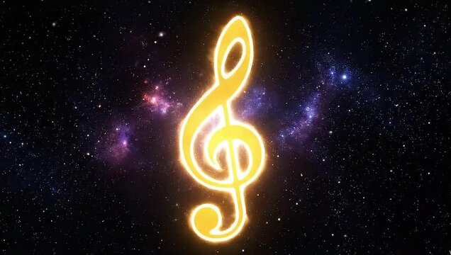 A glowing golden treble clef symbol floating in the vastness of space, surrounded by stars and nebulae, representing music and harmony