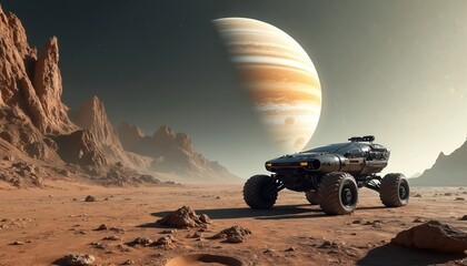 Advanced rover explores alien moon terrain, Jupiter dominates sky background. Futuristic exploration vehicle traverses rocky, desolate landscape, seeking discovery. Space science, distant planets,