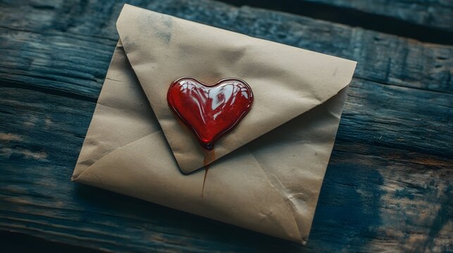 Photograph of waxed red heart rests on a brown envelope against a dark wooden backdrop.