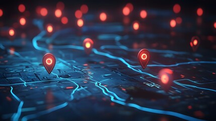 3D render depicting a futuristic cityscape overlaid on a circuit board, highlighted with red pinpoint markers.