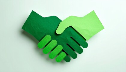 Green handshake graphic on gradient green background.